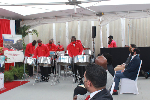 Photo: The Desperadoes Steel Orchestra perform at the sod turning of the Desperadoes Pan Theatre on 17 August 2021. (Copyright Ministry of Tourism, Culture and the Arts)
