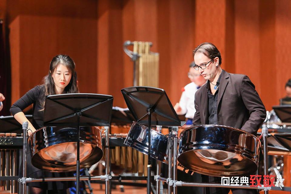 Lin Tao and Jose Herrera introduce the steelpan at the Shanghai Conservatory of Music